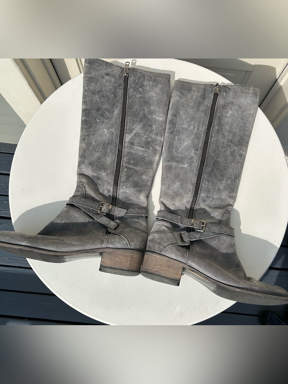 Women's Gray Charles David Italian Leather Boots with Side Zip and Buckle Detail